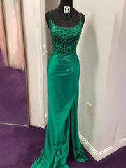 Green Sheer Appliques Satin Mermaid Long Prom Dress