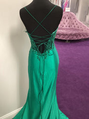 Green Sheer Appliques Satin Mermaid Long Prom Dress
