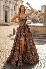 Leopard Square Neck Satin A Line Long Prom Dresses With Slit