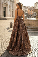 Leopard Square Neck Satin A Line Long Prom Dresses With Slit