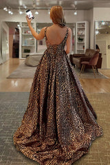 Leopard Square Neck Satin A Line Long Prom Dresses With Slit