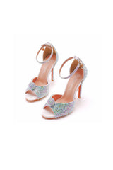 Rhinestone Embellished Open Toe Ankle Strap Stiletto Heels
