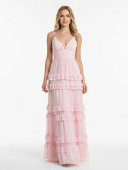 A Line Pink Chiffon Tiered Ruffles Long Prom Dress