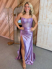 Lilac Strapless Satin Sheath Long Prom Dresses with Slit