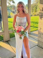 Lilac Strapless Satin Sheath Long Prom Dresses with Slit