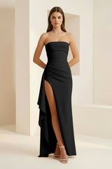 Black - Mermaid Strapless Satin Pleated Long Prom Dress with Slit