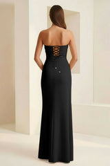 Black - Mermaid Strapless Satin Pleated Long Prom Dress with Slit