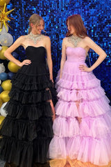 A-line Multi Tiered Strapless Tulle Prom Dress with Slit