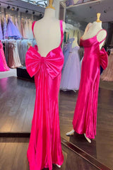 Fuchsia Straps Satin Mermaid Formal Gown with Bow