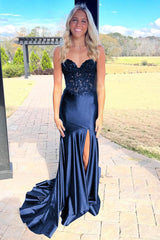 Mermaid Sweetheart Lace Satin Black Prom Dress with Slit
