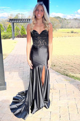 Mermaid Sweetheart Lace Satin Black Prom Dress with Slit