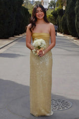 Gold - Strapless Mermaid Sequined Pleated Long Prom Dresses With Pearls