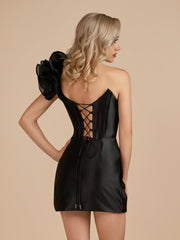 Black - Bodycon One Shoulder Ruched Corset Short Homecoming Dresses