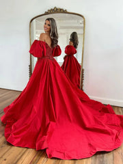 A-Line Off The Shoulder Taffeta Prom Dress With Short Puffy Sleeves