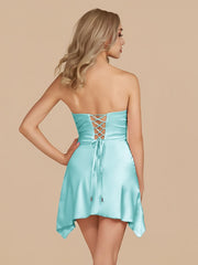 Aqua - Strapless Sheath Irregular Hem Satin Short Homecoming Dress