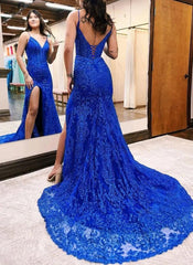 Elegant Long Mermaid Royal Blue V-neck Sleeveless Lace Prom Dress With Slit