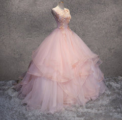 Pink A Line Organza Floor-Length Prom Dress with Appliqued