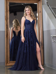 A-line V Neck Lace Tulle Prom Dress With Slit