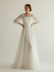 Elegant Simple Beach A-Line Lace Organza Floor Zipper Low-V BackWedding Dress with Sheer Sleeve