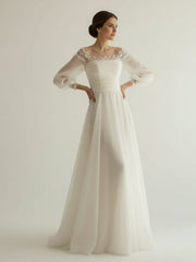 Elegant Simple Beach A-Line Lace Organza Floor Zipper Low-V BackWedding Dress with Sheer Sleeve