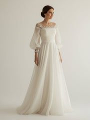 Elegant Simple Beach A-Line Lace Organza Floor Zipper Low-V BackWedding Dress with Sheer Sleeve