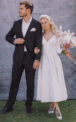 Elegant V-neck Satin A-line Long Sleeve Wedding Dress With Pleats