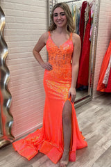 Mermaid V Neck Sequins Prom Dress with Slit