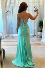 Aqua - Mermaid Scoop Neck Satin Beaded Long Formal Prom Dresses With Slit