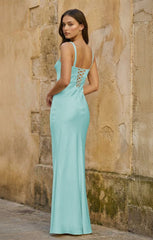 Yellow Square Neck Mermaid Satin Long Prom Dresses With Bowknot