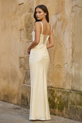 Yellow Square Neck Mermaid Satin Long Prom Dresses With Bowknot