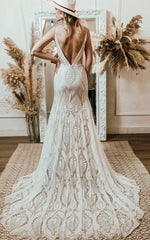 Beach Floral Mermaid Plunging Boho Lace Wedding Dress with Sweep Train
