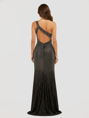 Black One Shoulder Sheath Beaded Prom Dress With Split