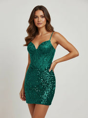 Dark Green V-Neck Sequined Sheath Homecoming Dress