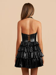 Black - Halter A Line Metallic Ruffles Homecoming Dresses With Bow