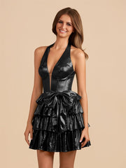 Black - Halter A Line Metallic Ruffles Homecoming Dresses With Bow