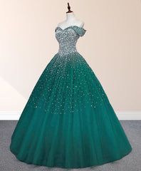 Emerald Green Off The Shoulder Tulle Quinceanera Dresses With Beadings