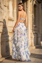 Blue A-Line Chiffon Spaghetti Strap Prom Dresses