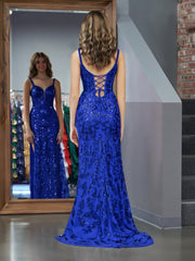 Sparkly Blue Sheath Sequins Long Prom Dress with Slit