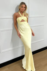 Yellow - Halter Sheath Satin Long Prom Dresses With Cutout