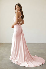 Pink V Neck Satin Mermaid Open Back Long Formal Prom Dresses