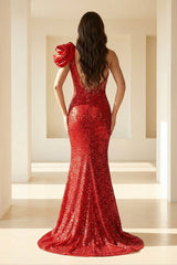 Red One Shoulder Mermaid Sequins Long Formal Prom Dresses With Flower