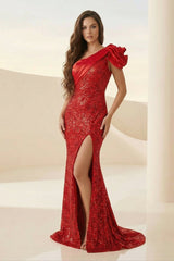 Red One Shoulder Mermaid Sequins Long Formal Prom Dresses With Flower