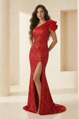 Red One Shoulder Mermaid Sequins Long Formal Prom Dresses With Flower