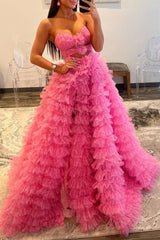 Ball Gown Sweetheart Pink Tiered Printed Tulle Prom Dress