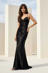 Black Spaghetti Straps Mermaid Satin Backless Prom Dresses With Beading