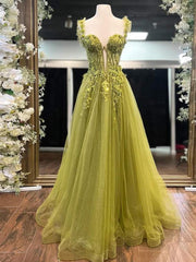 A-Line Olive Sweetheart Tulle Long Prom Dresses with Lace Appliques