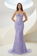 Lilac Strapless Mermaid Sequined Lace Formal Prom Dresses With Beading