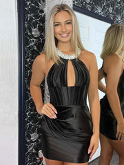 Black - Halter Beaded Satin Homecoming Dress With Keyhole