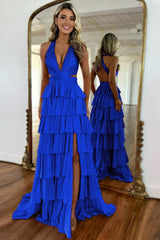 Royal Blue - A-Line V Neck Satin Beaded Long Prom Dresses With Ruffles
