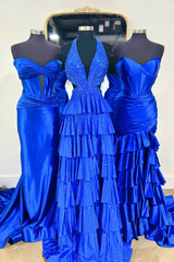 Royal Blue - A-Line V Neck Satin Beaded Long Prom Dresses With Ruffles
